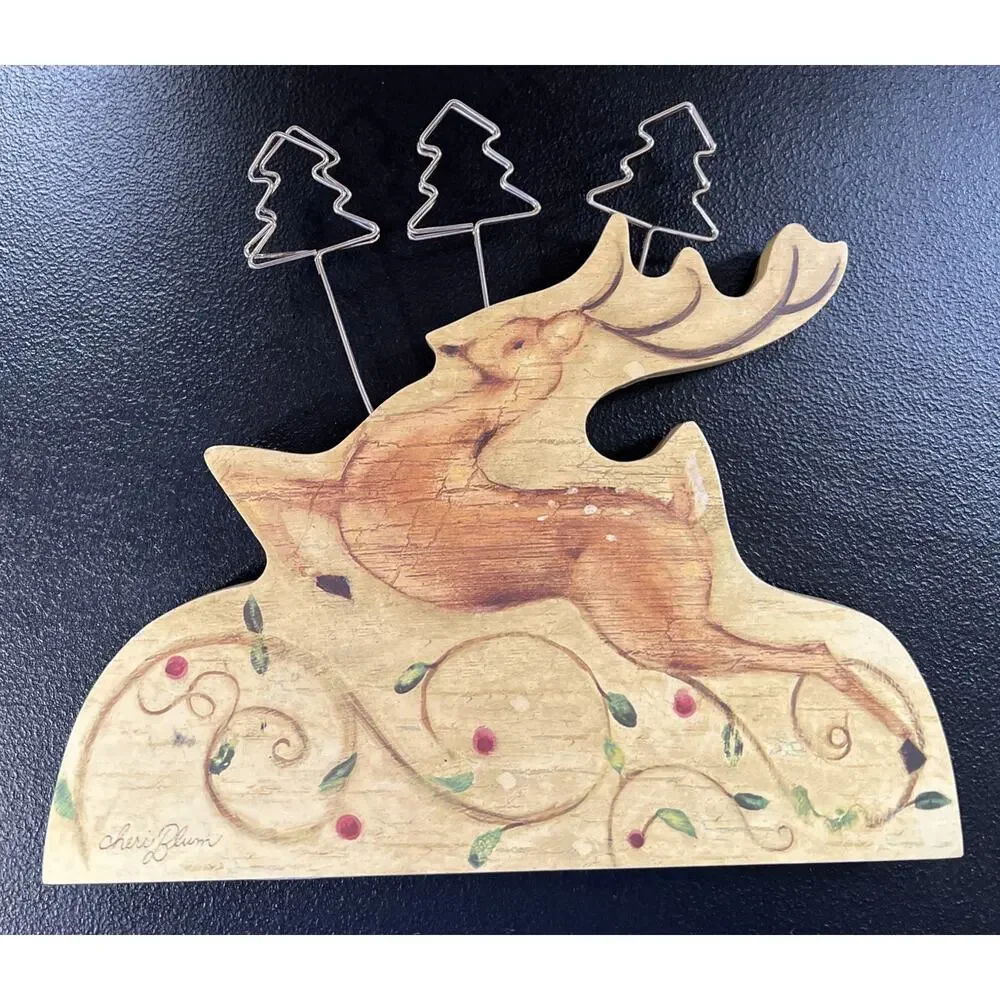 Vintage Cheri Blum Photo Clip Reindeer Holiday Christmas Wood Tabletop Stand